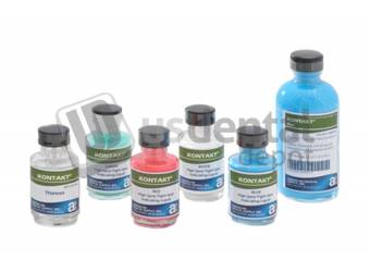 Kontact Kit - Indicating Liquid 1oz + 1oz Thinner - red #H711-1-RE  Detect high spots and tight spots when seating castings and articulating - Saves time and destructive grinding during adjustments on dies - Dries in seconds and forms a fine adherent transfer dye film on polished gold non precious allouys- acrylic resins - inlays -onlays - die materials -cast metal -crowns -clasps -porcelain teeth and crwons - waxes - will not stain porcelain contaminate metal or affect denture resins or teeth - Easy removal with water -