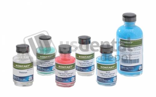 Kontact Kit - Indicating Liquid 1oz + 1oz Thinner - BLUE ( Fit checker ) # H711-1-BE  Detect high spots and tight spots when seating castings and articulating - Saves time and destructive grinding during adjustments on dies - Dries in seconds and forms a fine adherent transfer dye film on polished gold non precious allouys- acrylic resins - inlays -onlays - die materials -cast metal -crowns -clasps -porcelain teeth and crwons - waxes - will not stain porcelain contaminate metal or affect denture resins or teeth - Easy removal with water -