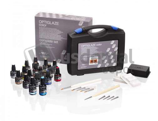 GC - OPTIGLAZE Complete Set - Contains: All color shades (2.6 mL each), one disposable palette, one flat brush, one round brush and one brush holder. # 008408