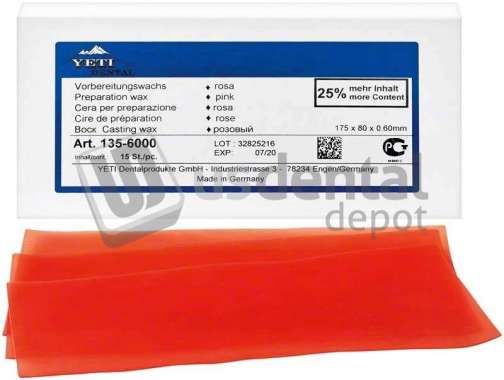 YETI Preparation wax- PINK- 0.60mm 23ga - 15 sheets #135-6000