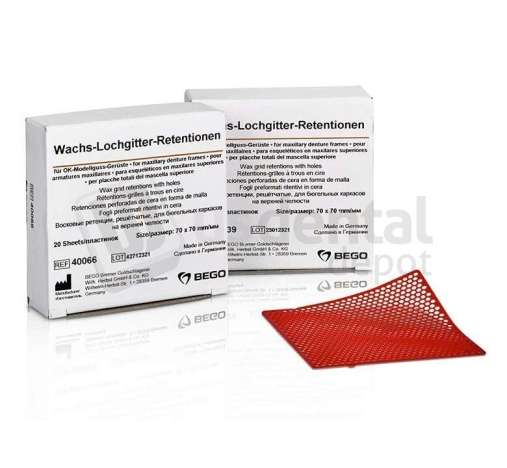 BEGO Wax Grid Mesh  Retentions denture frames –  with holes RED 70 x 70mm (20 pack) For upper-jaw dentures – Ref: #40039