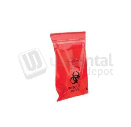 PLASDENT Stick-on RED Bio Hazard Waste Bags 6in  x 6in  200pk  Infectious-waste disposal bag sticks up anywhere with a peel-and-stick adhesive strip. Peel off protective liner and adhere bag to almost any clean, dry surface. Removes without leaving gummy residue. Front adhesive strip. RED bag is identified with bilingual hazard warning. #PS850S