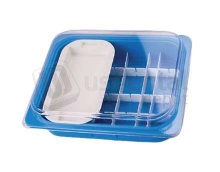 PLASDENT Operation Tub Set - NEON BLUE 10 3/4in W x 13in L x 2 5/8in D. Complete with dividers, accessory tray and CLEAR lid (cold disinfect only). #500TBSET-2N