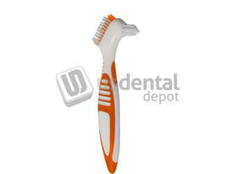 PLASDENT Tangerine & WHITE Premium Angled Denture Brushes, Soft Dual Action, Pack of 12 denture brushes. #20042-12