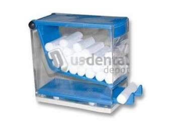 PLASDENT Cotton Roll Dispenser - 'Push' Style - Clear w/ BLUE Accent. Spring loaded push top, Single Dispenser. #209CRD-2X