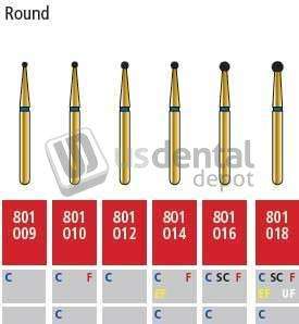 COLTENE Alpen FG #801.014 Coarse  Grit , Round Diamond Bur. Package of 5 Burs - # R801C014FG