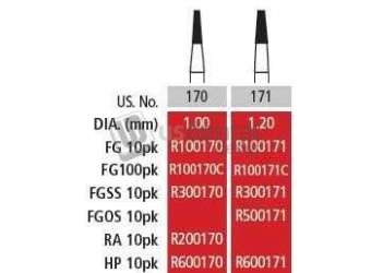 COLTENE Alpen FG #171 SL (Surgical Length) Taper Fissure Carbide Bur, Pack of 10 Burs - #R500171