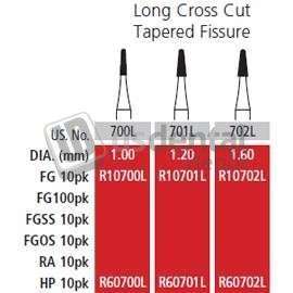 COLTENE Alpen FG #702L Long Cross Cut Taper  Fissure Carbide Bur, Package of 10 - #R10702L