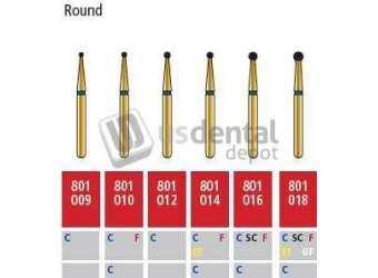 COLTENE Alpen FG #801.009 Coarse  Grit , Round Diamond Bur. Package of 5 Burs - # R801C009FG