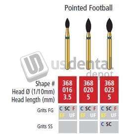 COLTENE Alpen FG #368.016 Extra Fine  Grit , Pointed Football Diamond Bur. Package of 5 - # R368EF016