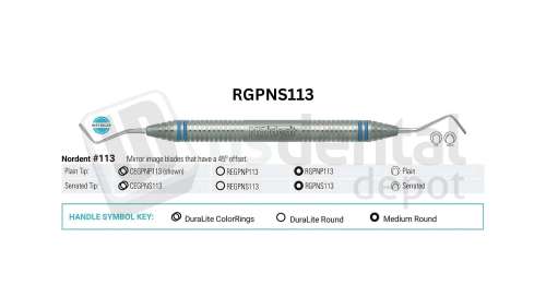 NORDENT - Gingival Cord Packer, DE, Serrated, #N113 (45 Degree Offset Blades), Medium Round Handle - Medium Round - Restorative Round ends - # RGPNS113