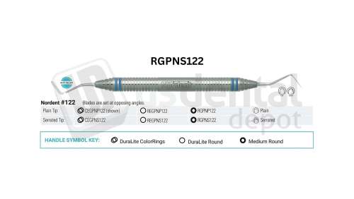 NORDENT - Gingival Cord Packer, DE, Serrated, #N122 (Opposing Angles), Medium Round Handle - Medium Round - Restorative Round ends - # RGPNS122