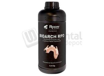 RODIN - Rodin BioArch RPD3D resin for removable partial dentures.Compatible with leading 385&ndash;405 nm 3D printer systems. Shade: Meharry. Size: 1 kg/Bottle. - # 24070-BO