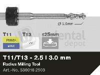 iMES iCORE - Original CORiTEC Radius Milling Tool for pmma, wax, peek, zirconia, composite, sintered metal workflows. 2.5 mm diameter, 3 mm shank. - # 530016 2503