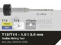 iMES iCORE - Original CORiTEC Radius Milling Tool for pmma, wax, peek, zirconia, composite, sintered metal workflows. 1 mm diameter, 3 mm shank. - # 530016 1003
