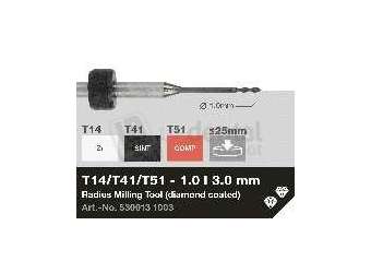 iMES iCORE - Original CORiTEC Radius Milling Tool for pmma, wax, peek, zirconia, composite, sintered metal workflows. 1 mm diameter, 3 mm shank. - # 530013 1003