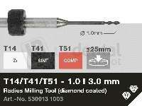 iMES iCORE - Original CORiTEC Radius Milling Tool for pmma, wax, peek, zirconia, composite, sintered metal workflows. 1 mm diameter, 3 mm shank. - # 530013 1003