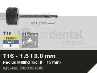 iMES iCORE - Original CORiTEC Radius Milling Tool for pmma, wax, peek, zirconia, composite, sintered metal workflows. 1.5 mm diameter, 3 mm shank. - # 530016 1503