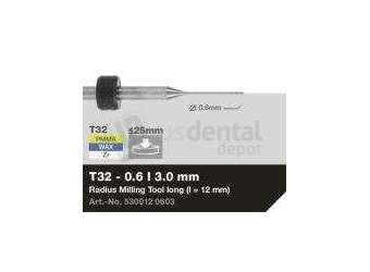 iMES iCORE - Original CORiTEC Radius Milling Tool for pmma, wax, peek, zirconia, composite, sintered metal workflows. 0.6 mm diameter, 3 mm shank. - # 530012 0603