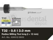 iMES iCORE - Original CORiTEC Radius Milling Tool for pmma, wax, peek, zirconia, composite, sintered metal workflows. 0.6 mm diameter, 3 mm shank. - # 530012 0603