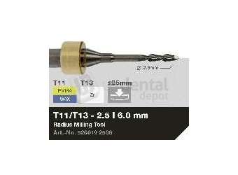 iMES iCORE - Original CORiTEC Radius Milling Tool for pmma, wax, peek, zirconia, composite, sintered metal workflows. 2.5 mm diameter, 6 mm shank. - # 526019 2506