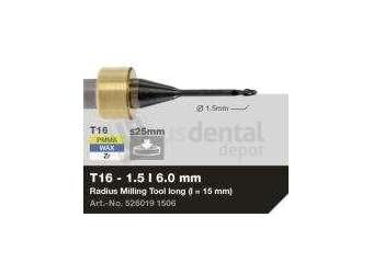 iMES iCORE - Original CORiTEC Radius Milling Tool for pmma, wax, peek, zirconia, composite, sintered metal workflows. 1.5 mm diameter, 6 mm shank. - # 526019 1506