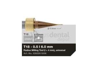 iMES iCORE - Original CORiTEC Radius Milling Tool for pmma, wax, peek, zirconia, composite, sintered metal, cobalt-chrome, titanium workflows. 0.5 mm diameter, 6 mm shank. - # 526026 0506