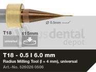 iMES iCORE - Original CORiTEC Radius Milling Tool for pmma, wax, peek, zirconia, composite, sintered metal, cobalt-chrome, titanium workflows. 0.5 mm diameter, 6 mm shank. - # 526026 0506