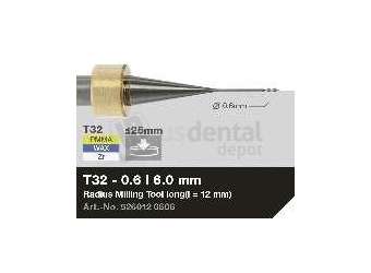 iMES iCORE - Original CORiTEC Radius Milling Tool for pmma, wax, peek, zirconia, composite, sintered metal workflows. 0.6 mm diameter, 6 mm shank. - # 526012 0606