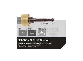 iMES iCORE - Original CORiTEC Radius Milling Tool for cobalt-chrome, titanium workflows. 3 mm diameter, 6 mm shank. - # 526029 3006