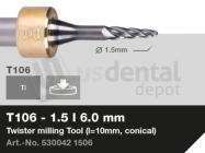 iMES iCORE - Original CORiTEC Twister Milling Tool for cobalt-chrome, titanium workflows. 1.5 mm diameter, 6 mm shank. - # 530042 1506