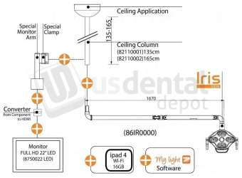 FLIGHT DENTAL - G.Comm iView Monitor Arm for Trolley or Ceiling Mount, Short Configuration, Articulating Multi-Axis for Vision-System Integration - # MA-308G-UL500P2-MW