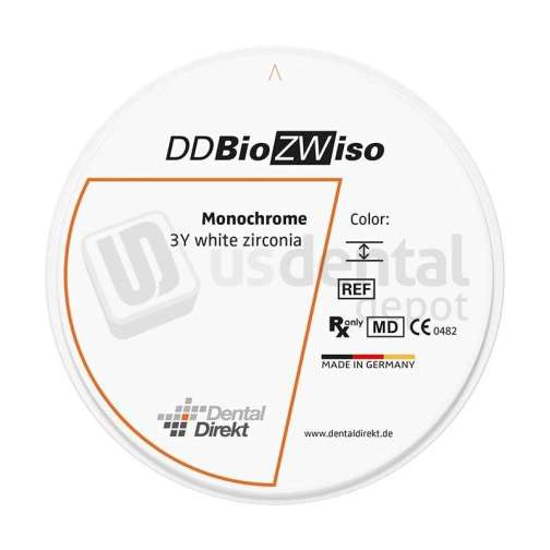 VITA - Dental Direkt DD Bio ZW iso low-translucent (LT) high-strength 3Y-TZP monolithic zirconia CAD/CAM milling disc, uncolored white blank, 98 mm diameter x 12 mm height, 1 piece; for full-contour crowns and bridges. - # UDG526