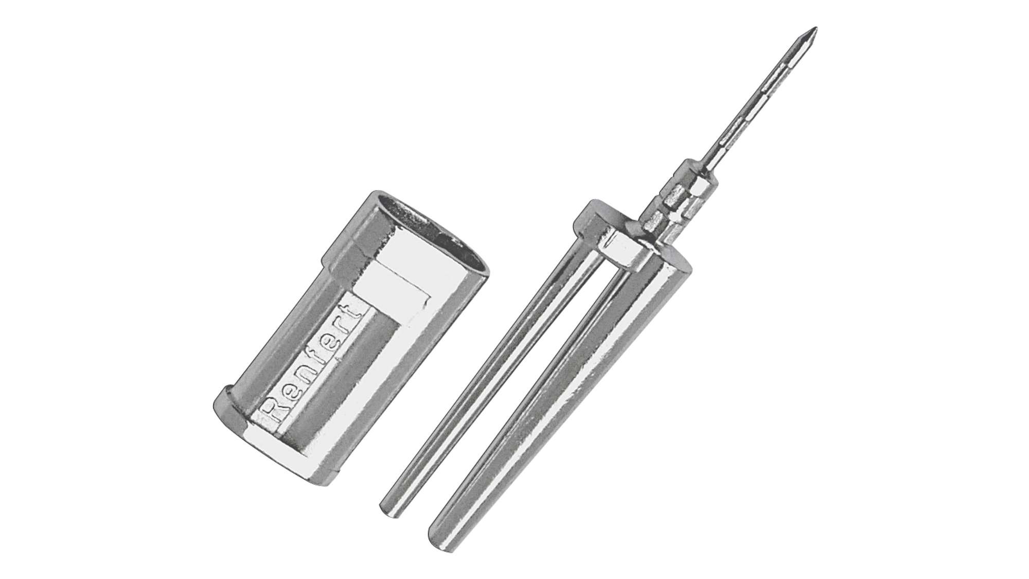 Renfert Bi-Pin long with sleeve and spike P100 - High-lustre nickel-plated model pins with double guide pin for precise, rotation-free positioning of the