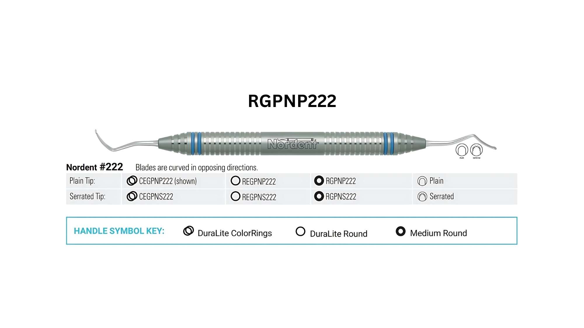 Nordent Gingival Cord Packer, DE, Plain, #222 Anatomical (Opposing Angles), Medium Round Handle - Medium Round - Restorative Round ends