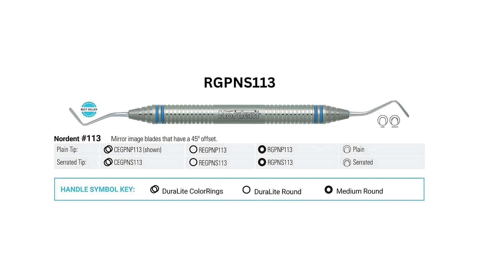 Nordent Gingival Cord Packer, DE, Serrated, #N113 (45 Degree Offset Blades), Medium Round Handle - Medium Round - Restorative Round ends