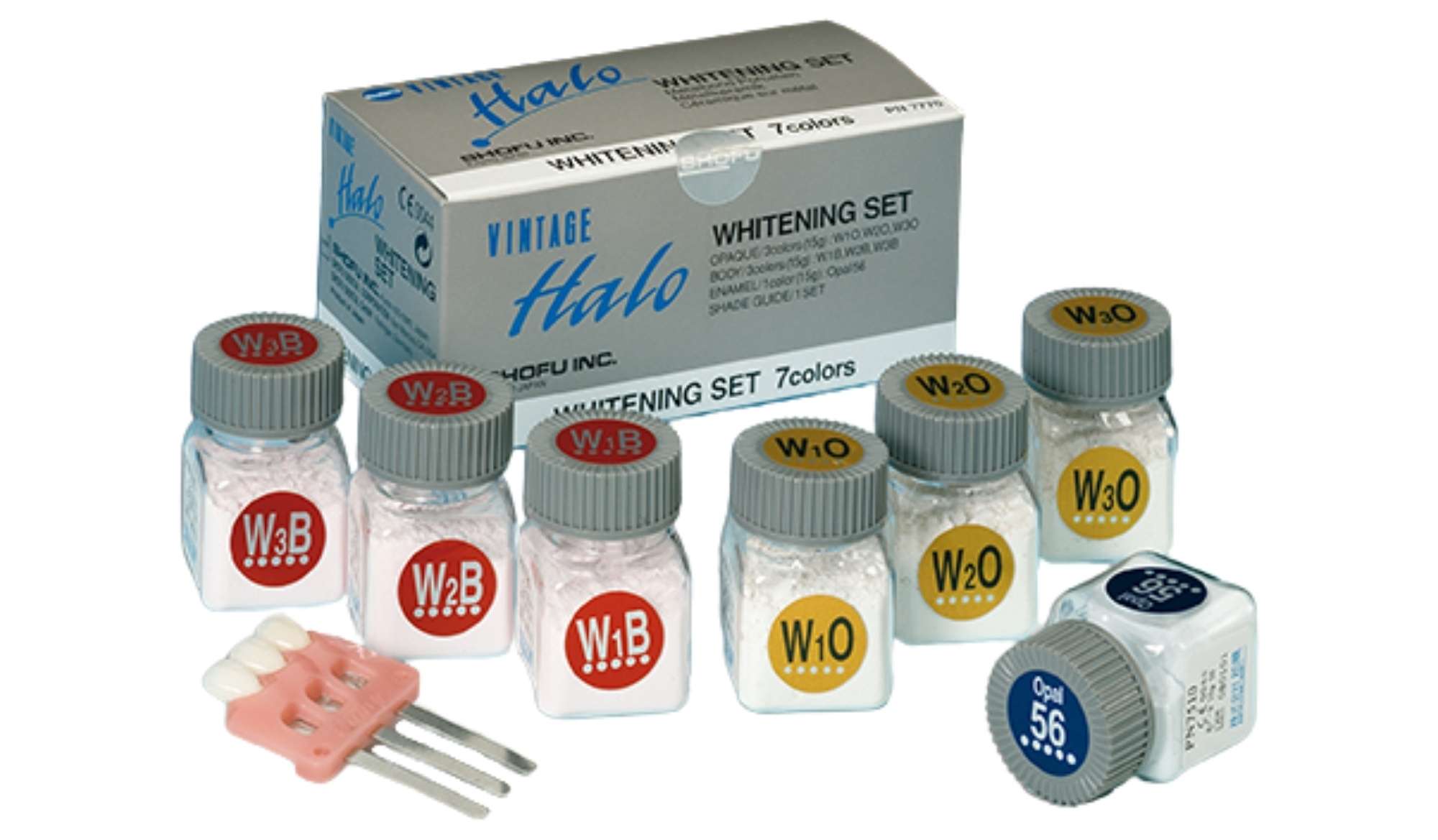 SHOFU Vintage Halo Whitening Set - #7770 -(3) 15gr Whitening body- (3) 15gr opaque powders- 15gr opal enamel- 3 shade tabs- 1 Gumy- instructions
