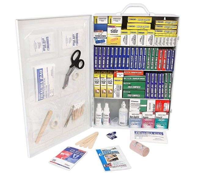 House Brand Emergency Medical Kit services up to 250 people with over 1500 pieces. Exceeds new ANSI Standards and OSHA guidelines ( may very by region )
